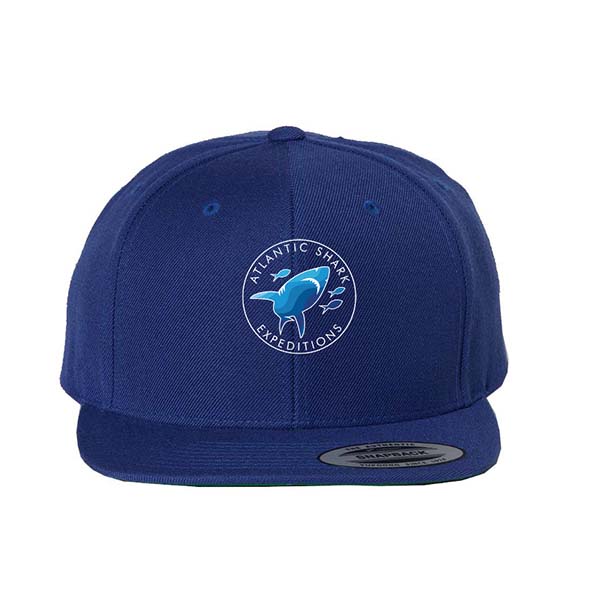 Blue snapback cap with Atlantic Shark Expeditions logo