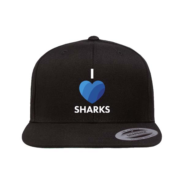 Black snapback cap with I heart sharks logo