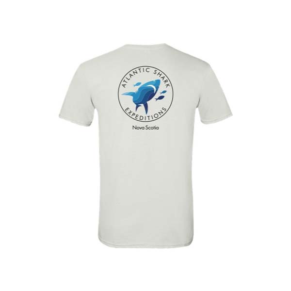White tshirt Atlantic Shark Expeditions logo